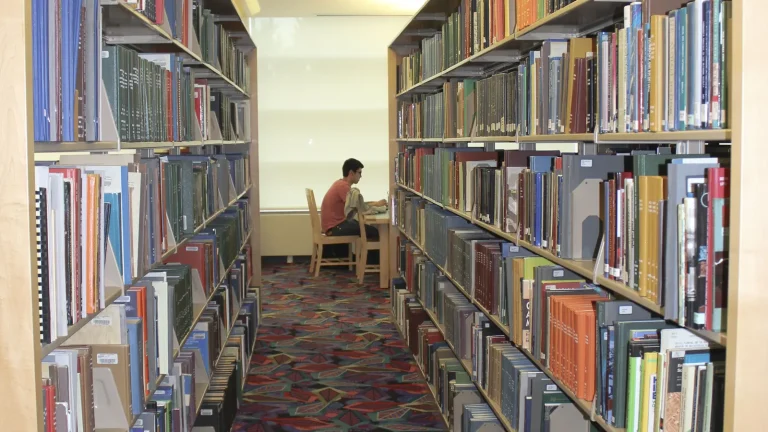 Student studying at a library table with books and notes