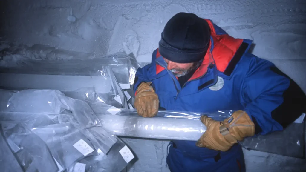 A long ice core from Talos Dome containing a visible dark volcanic ash layer