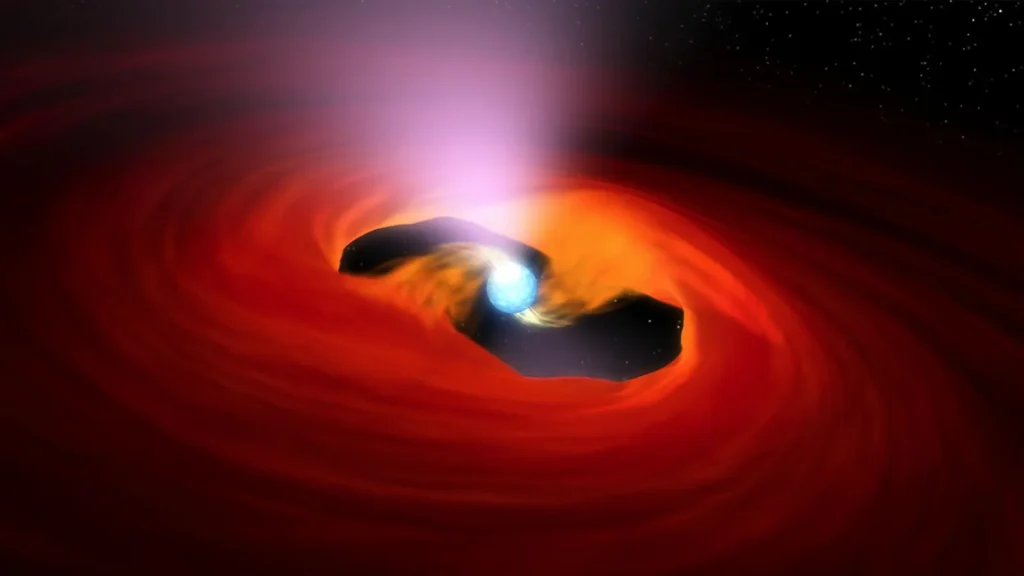 NASA visualization of a neutron star with X-ray beams and an accretion disk