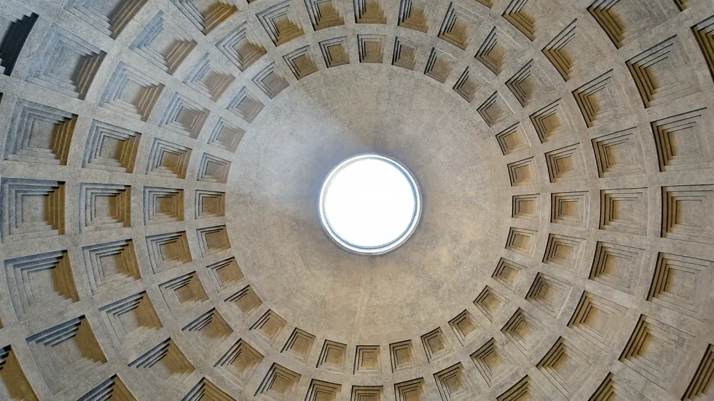 Interior of the Pantheon dome in Rome showing its coffers and central oculus