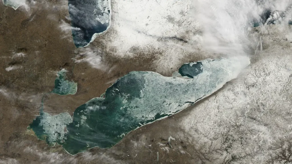 NASA satellite view of fractured winter ice covering Lake Erie