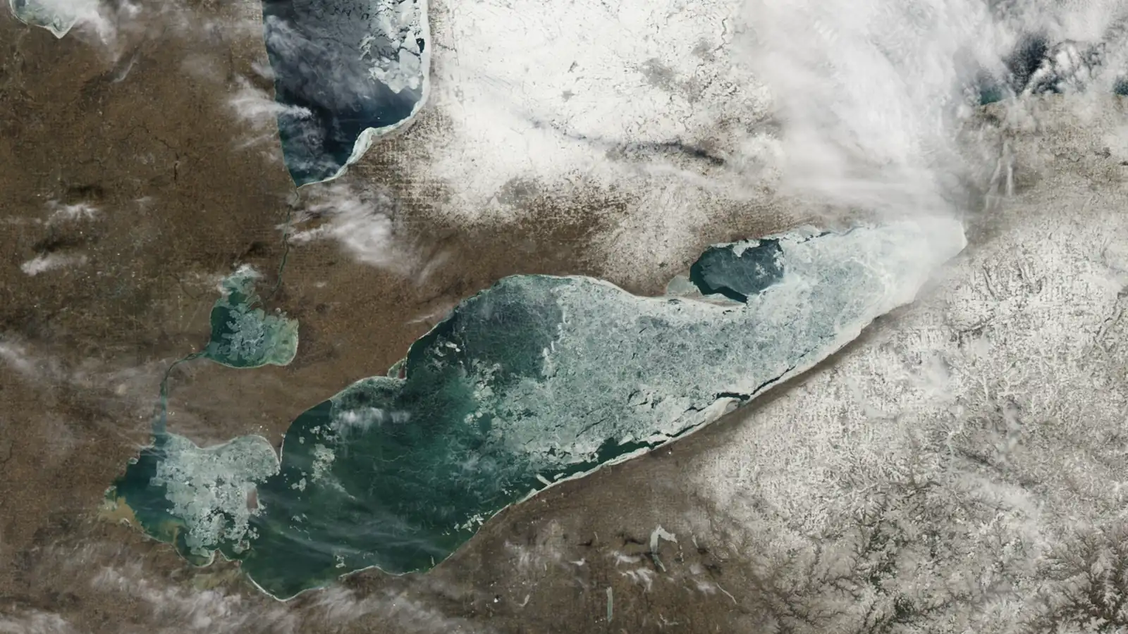 NASA satellite view of fractured winter ice covering Lake Erie