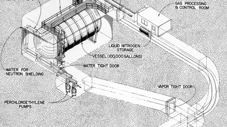 Technical cutaway drawing of an underground solar-neutrino detector