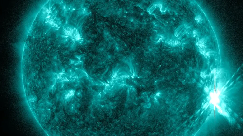 NASA Solar Dynamics Observatory image of a bright solar flare on the Sun