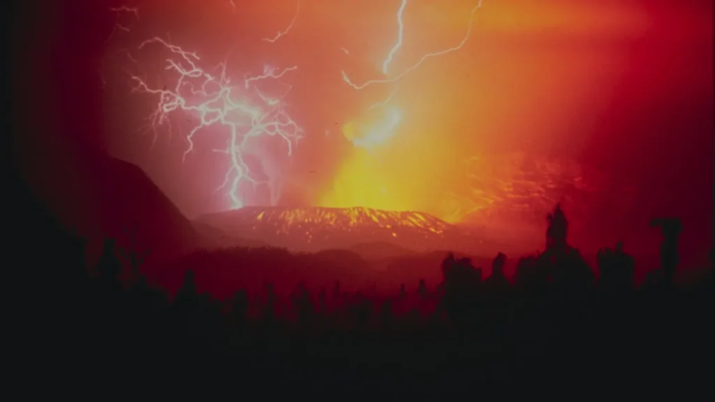 Lightning flashing through the ash cloud above Galunggung volcano