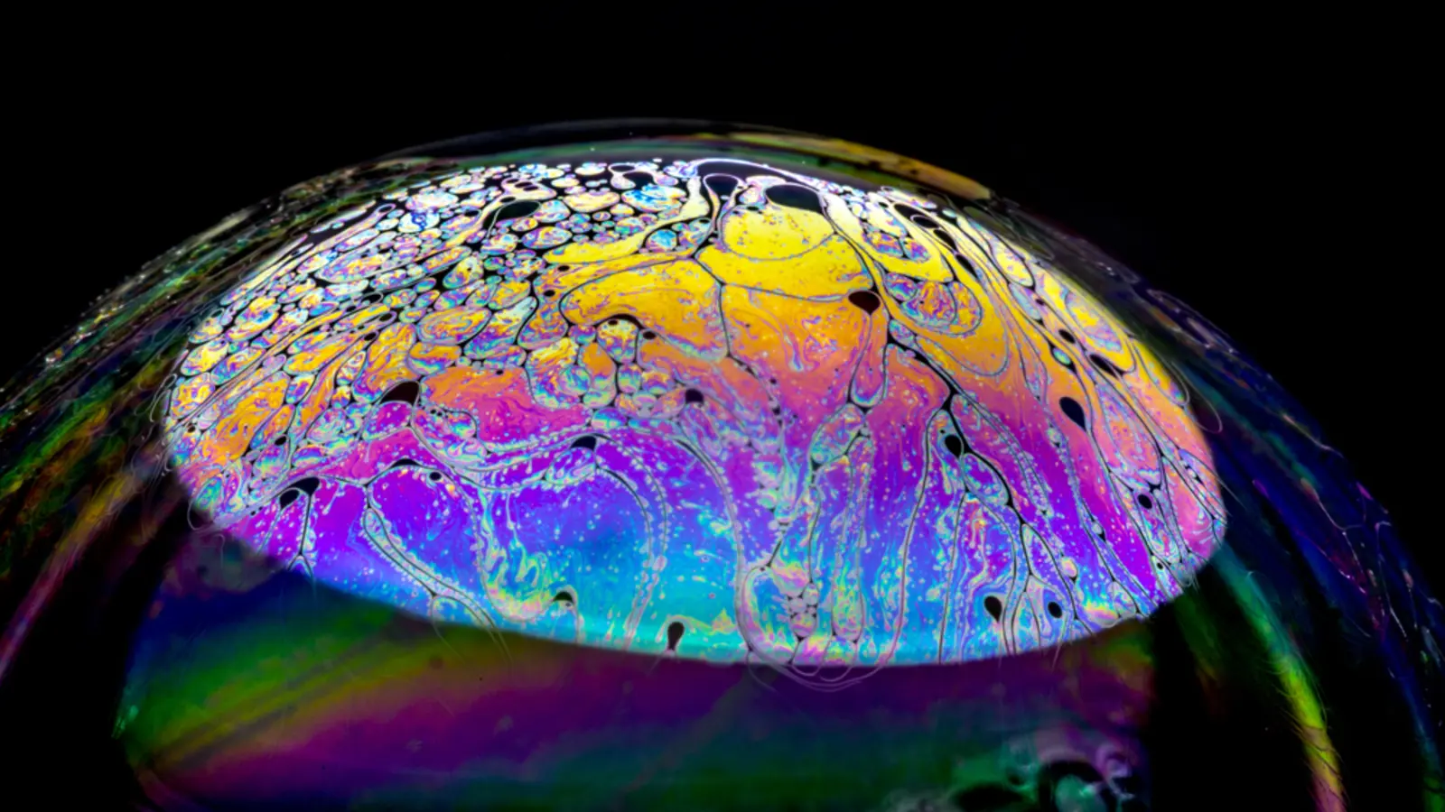 Close-up photograph of a spherical soap bubble with colourful reflections