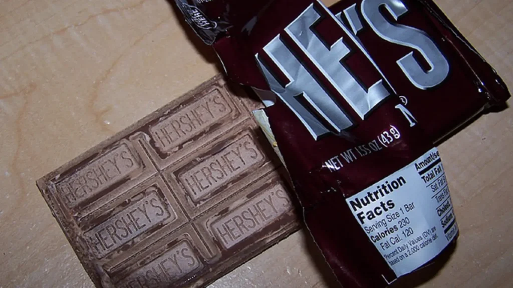Chocolate bar showing a pale white fat-bloom coating across its surface