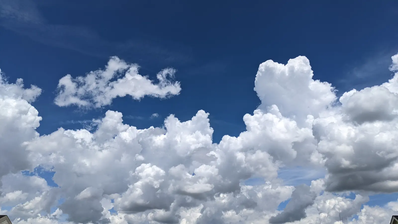 Bright white cumulus clouds rising through a deep blue summer sky