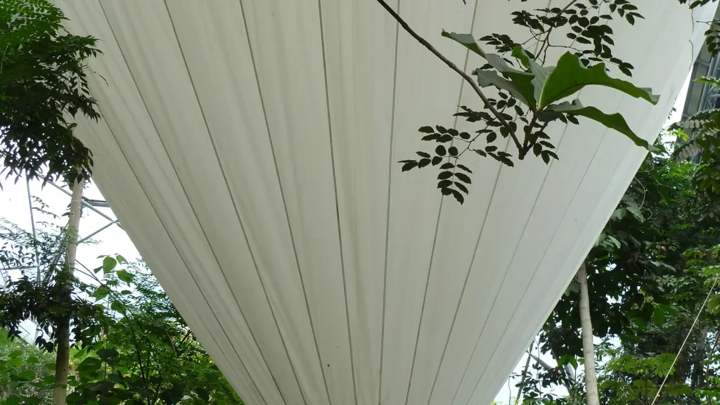 Large helium-filled balloon suspended inside the Eden Project rainforest biome