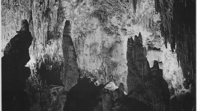 Black-and-white view of stalactites and stalagmites inside Carlsbad Caverns