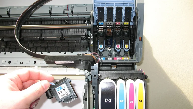 Inkjet printer with its removable printhead and internal ink delivery system visible