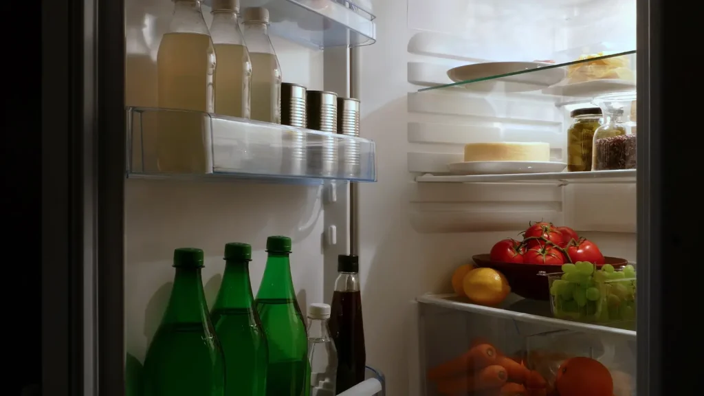 Open domestic refrigerator filled with food and illuminated at night