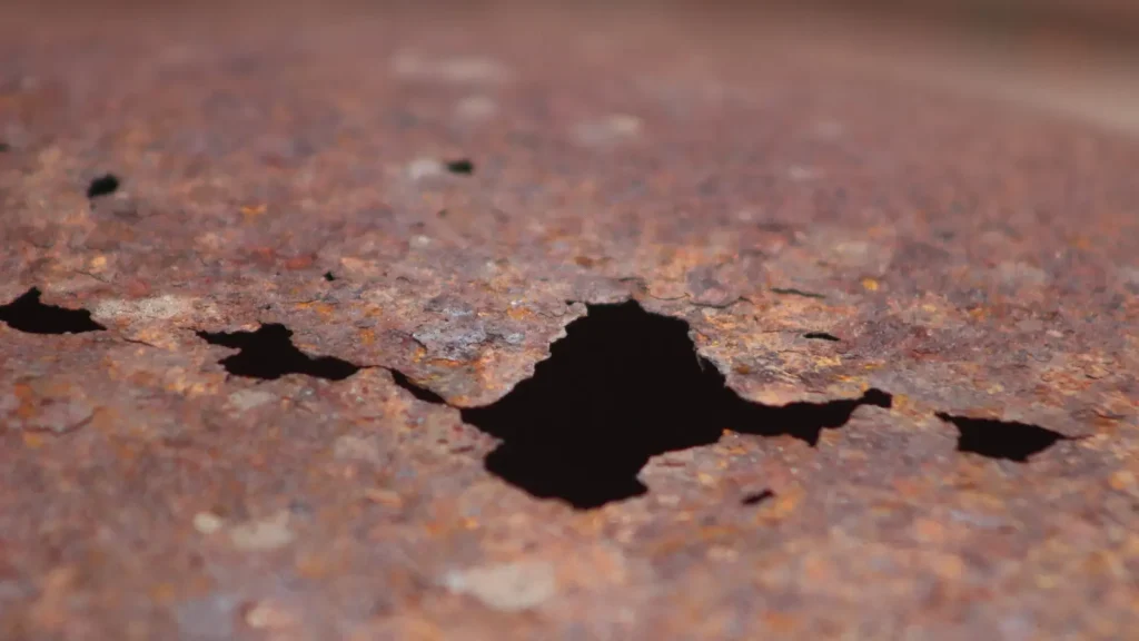 Close-up of heavily rusted metal with a corroded hole and textured orange surface