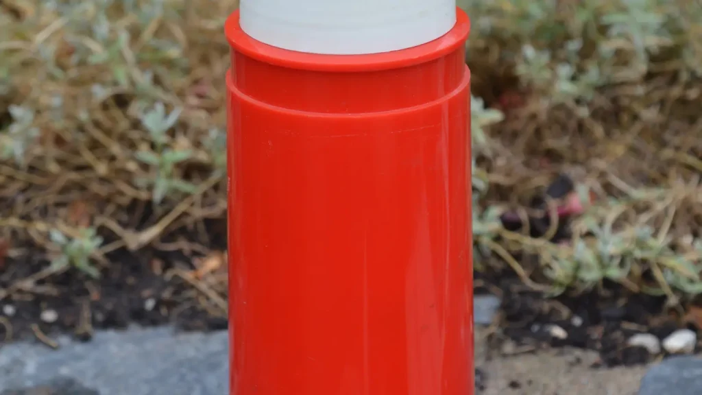 Stainless steel vacuum flask standing upright against a neutral background