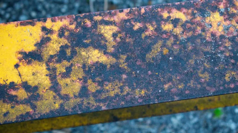 Close-up of orange corrosion covering weathered metal machinery